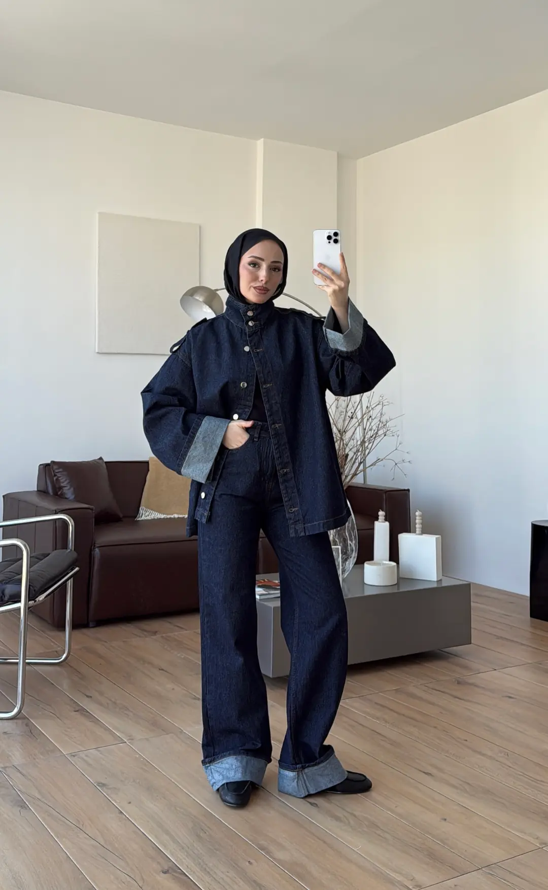 Kemerli Lacivert Denim Takım