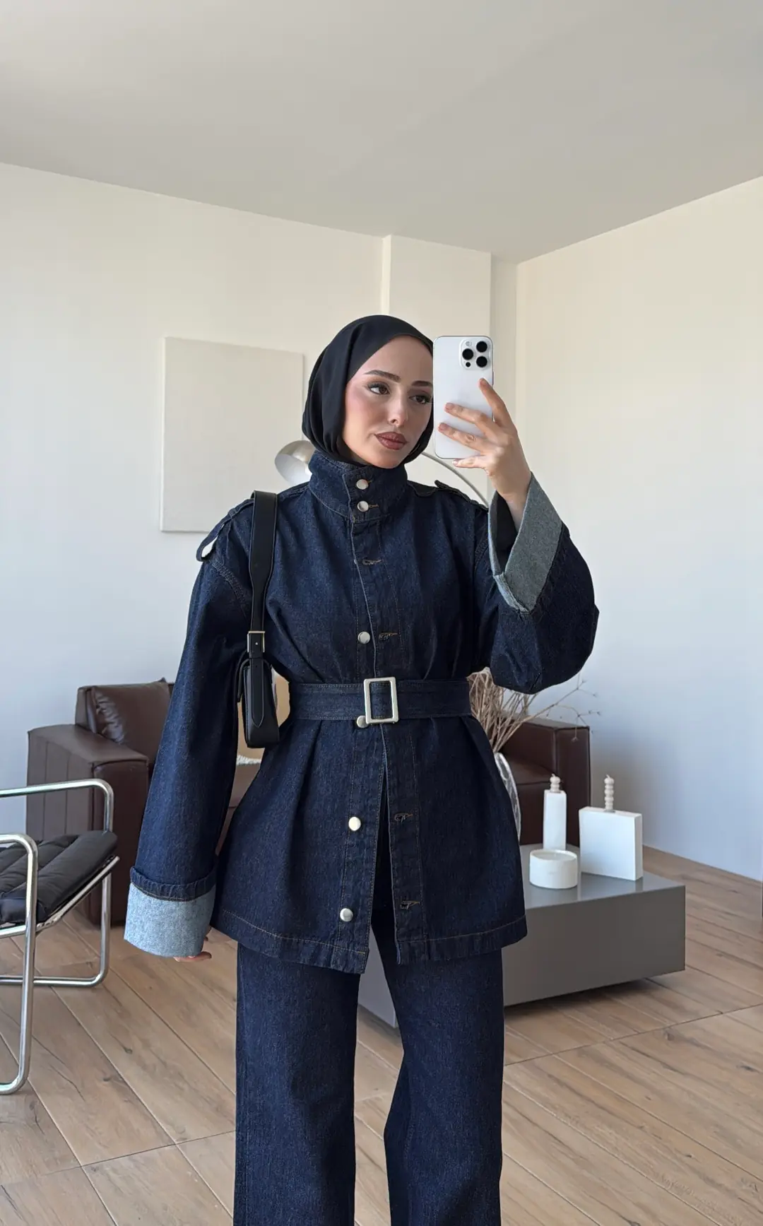 Kemerli Lacivert Denim Takım