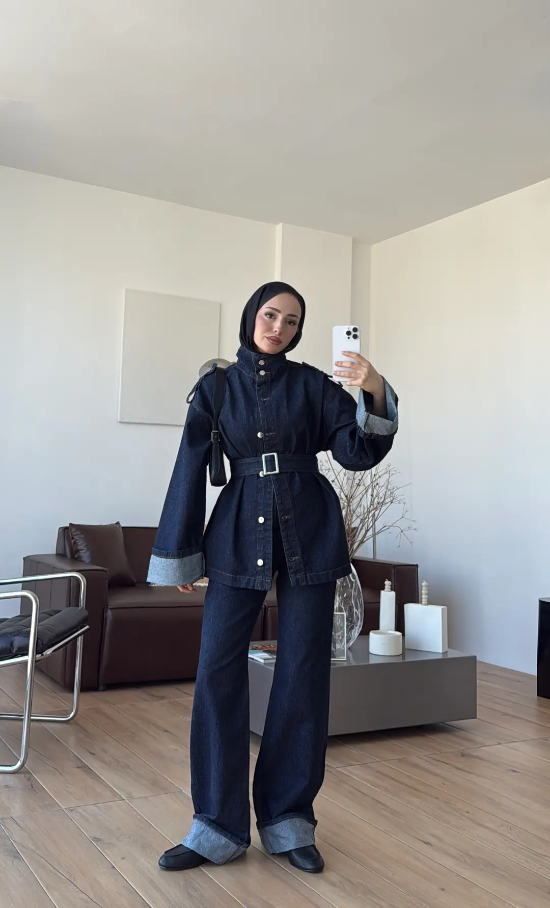 Kemerli Lacivert Denim Takım