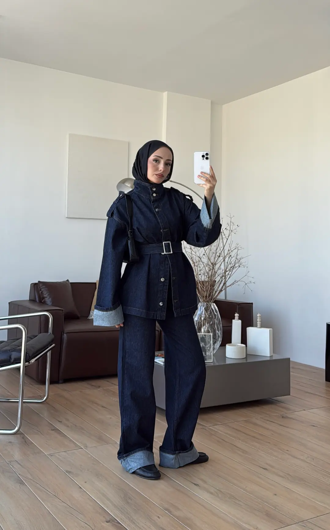 Kemerli Lacivert Denim Takım
