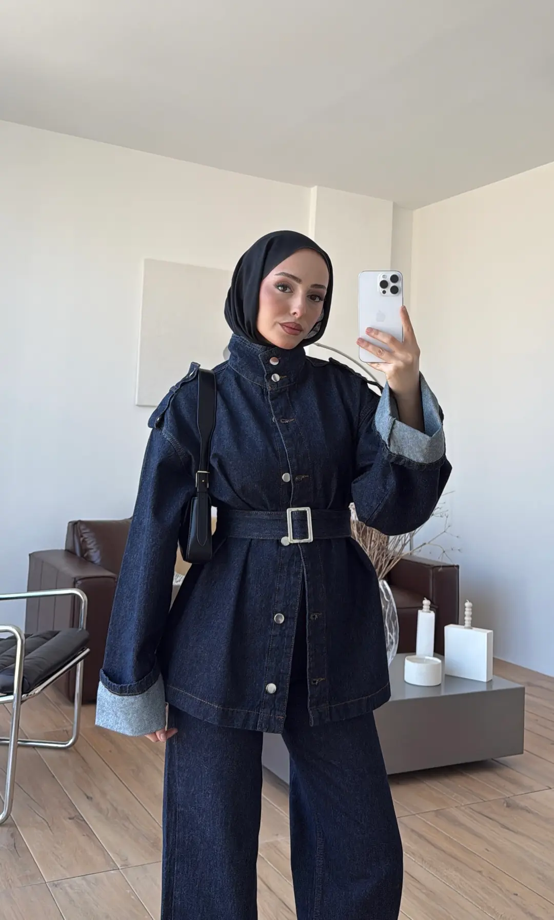 Kemerli Lacivert Denim Takım