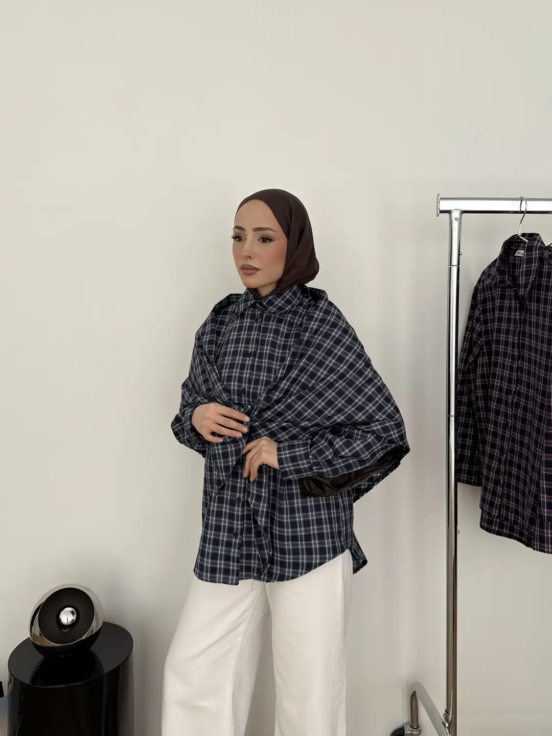 Şal Detaylı Gömlek Lacivert/Beyaz