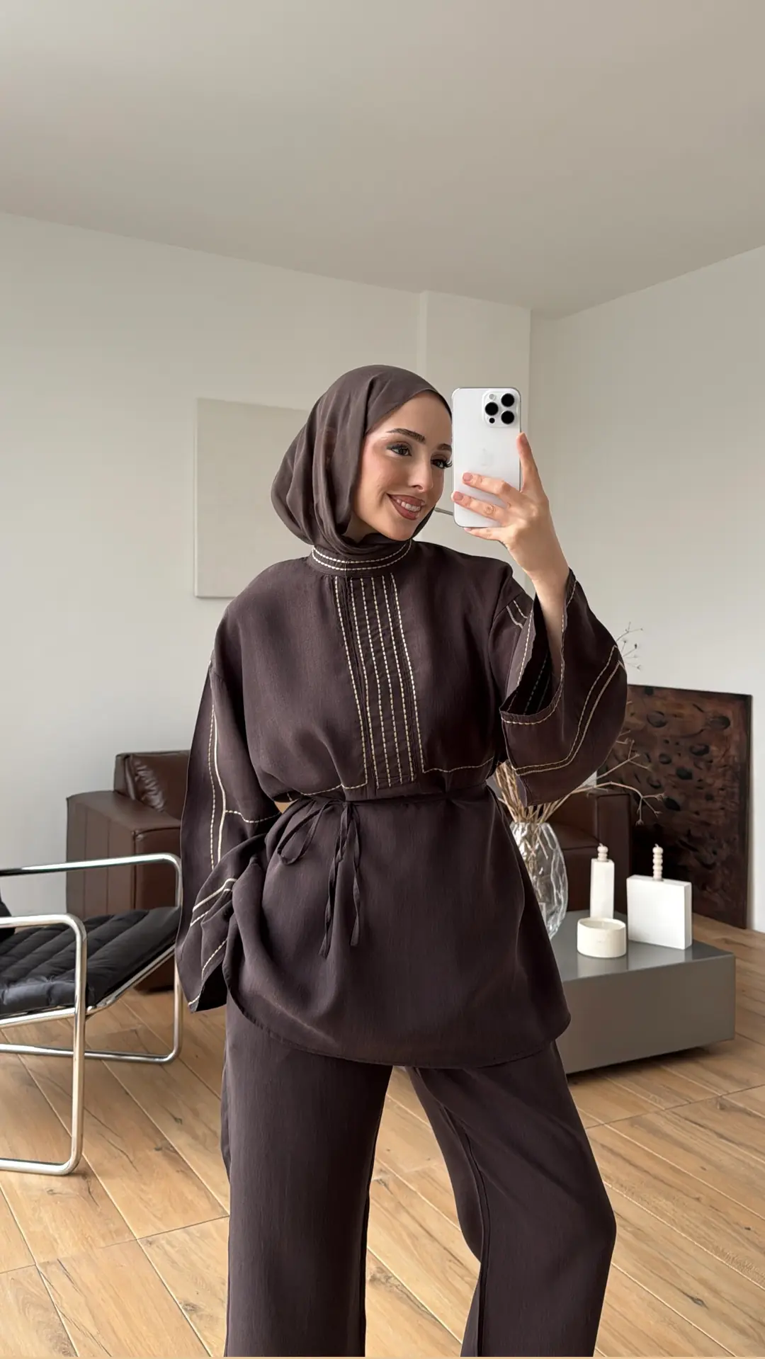 Nakışlı Tencel Takım Kahve