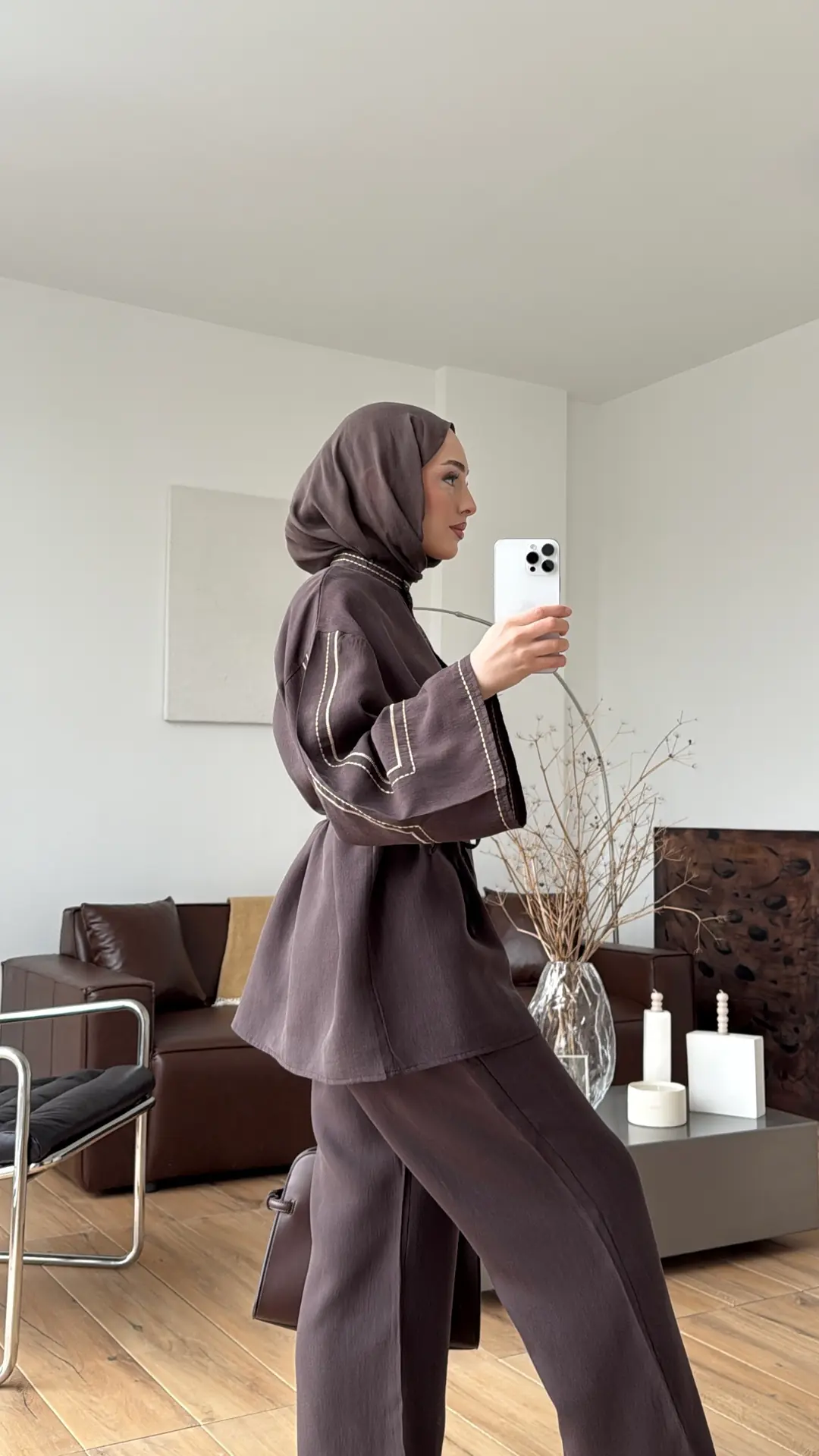 Nakışlı Tencel Takım Kahve