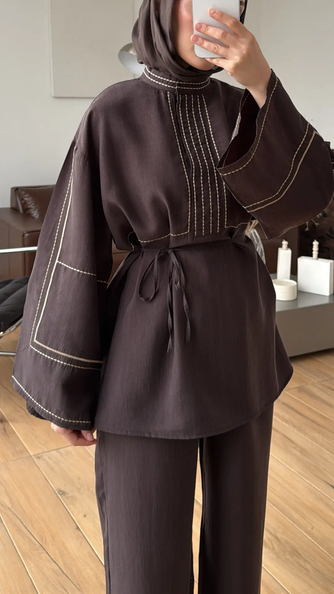Nakışlı Tencel Takım Kahve