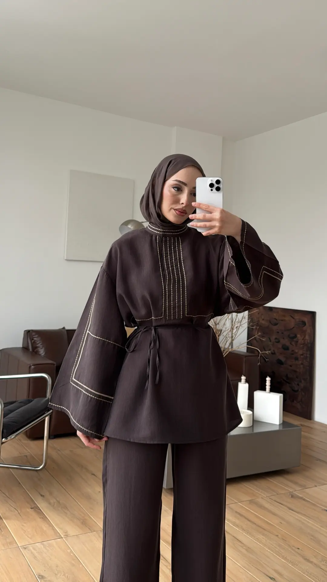 Nakışlı Tencel Takım Kahve
