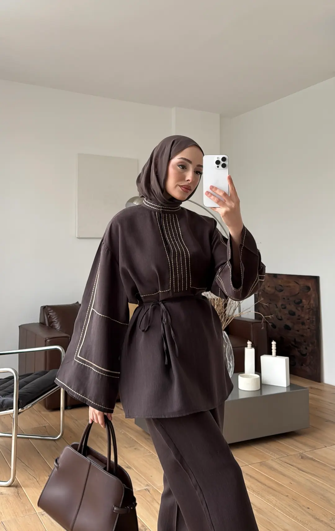 Nakışlı Tencel Takım Kahve