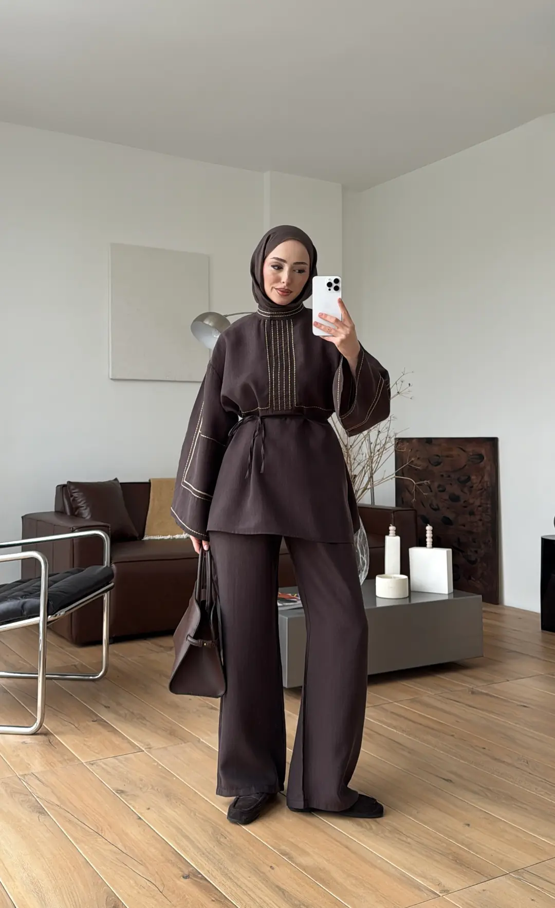 Nakışlı Tencel Takım Kahve