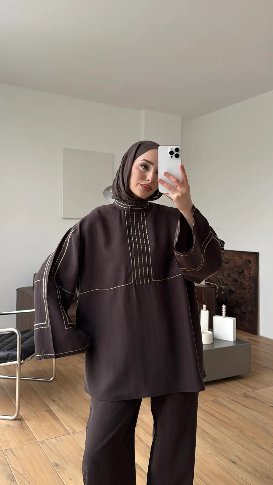 Nakışlı Tencel Takım Kahve
