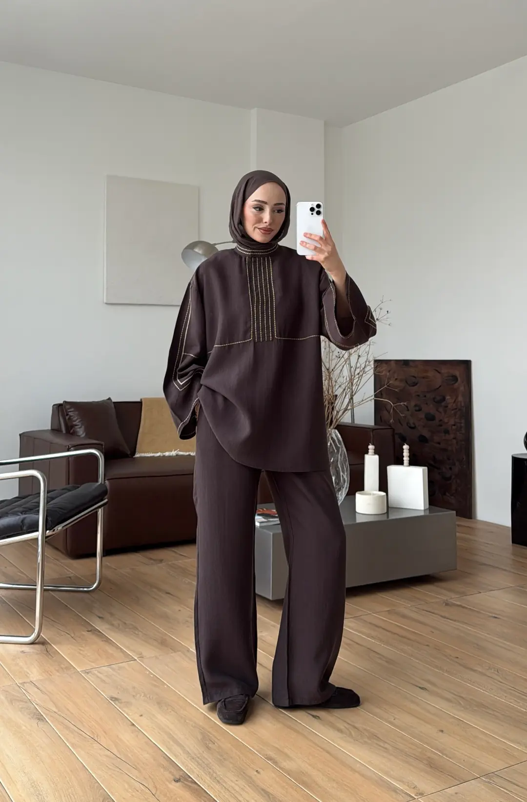 Nakışlı Tencel Takım Kahve