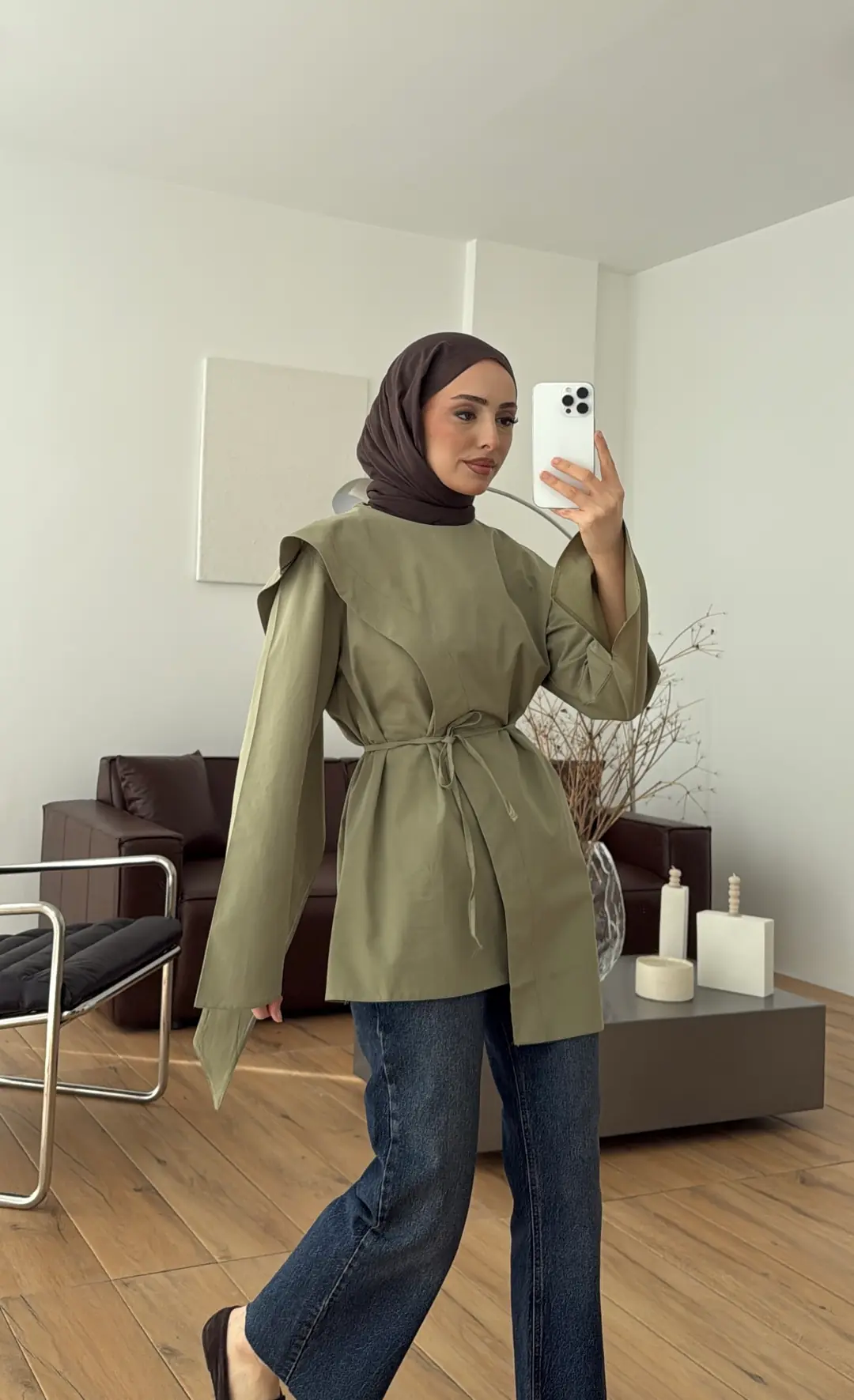 Premium Şal Detaylı Gömlek Açık Haki