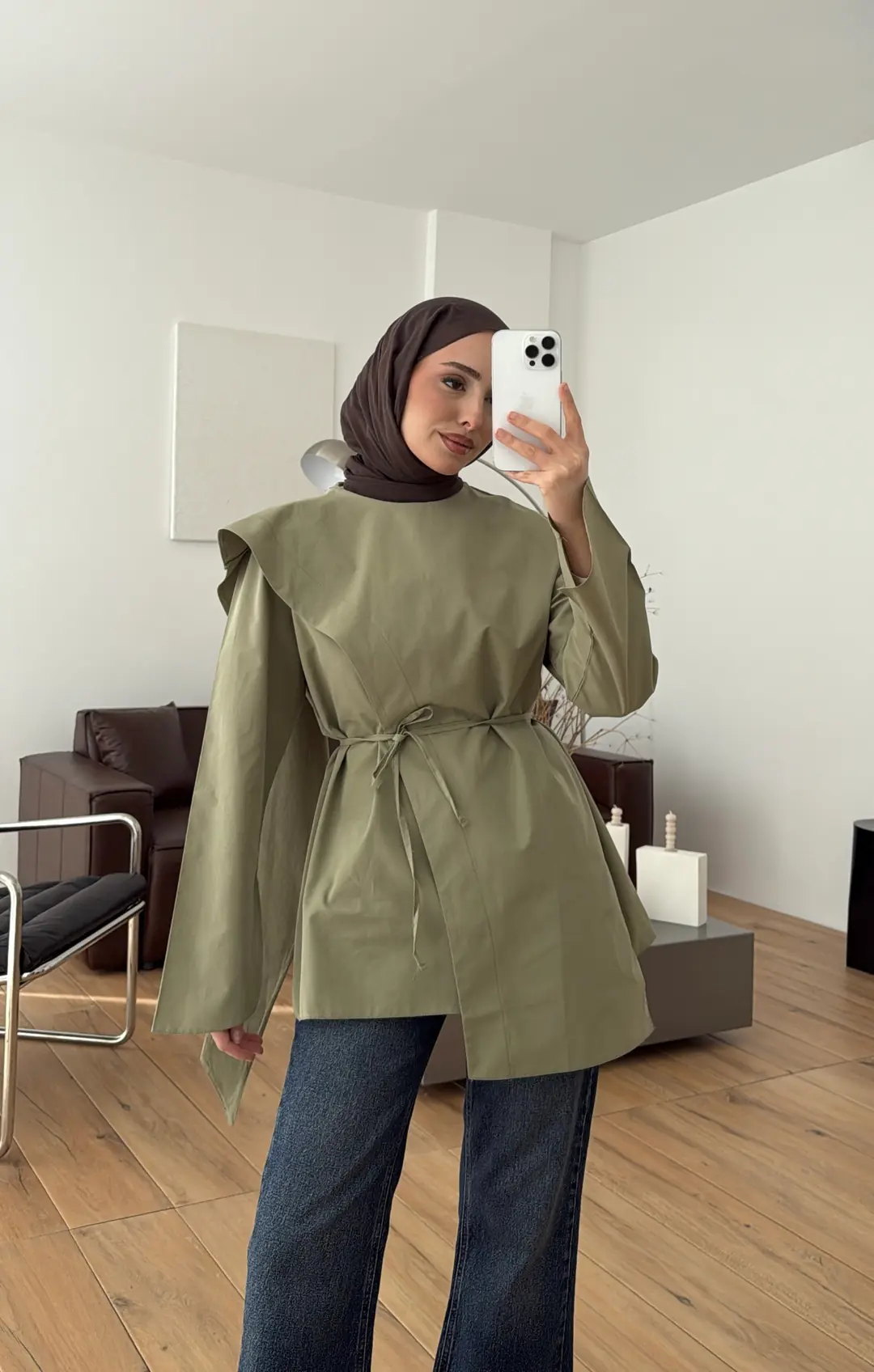 Premium Şal Detaylı Gömlek Açık Haki