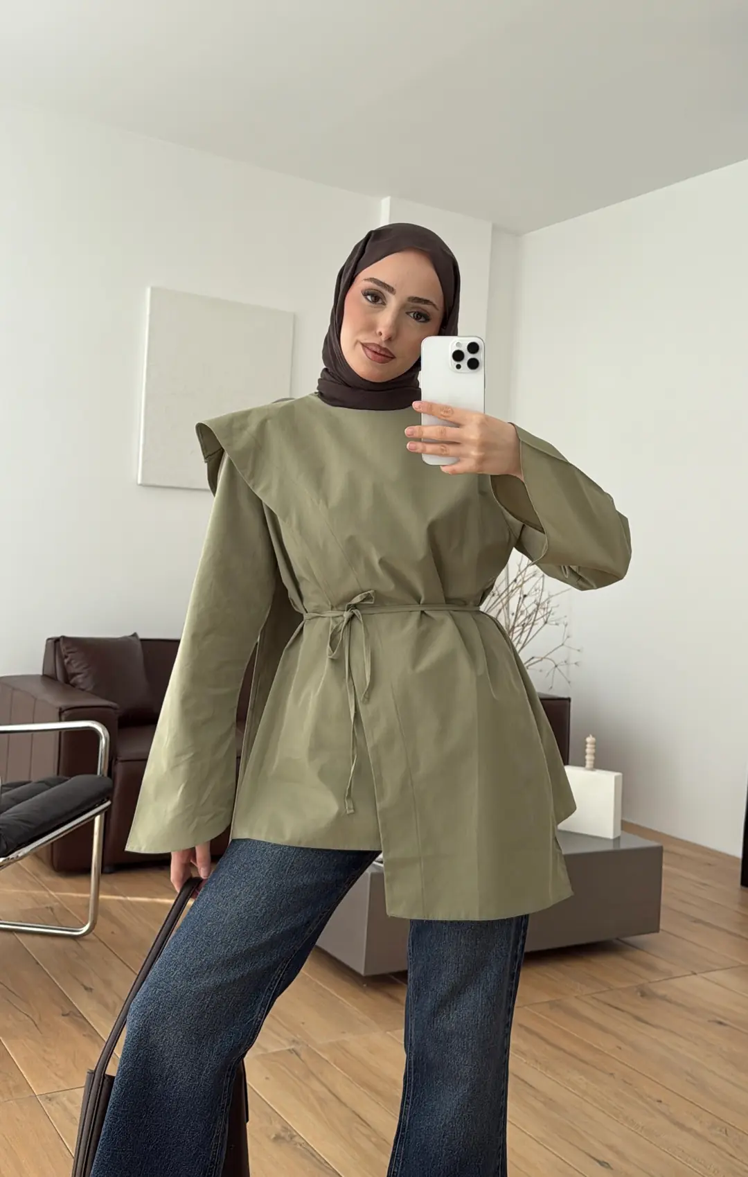 Premium Şal Detaylı Gömlek Açık Haki