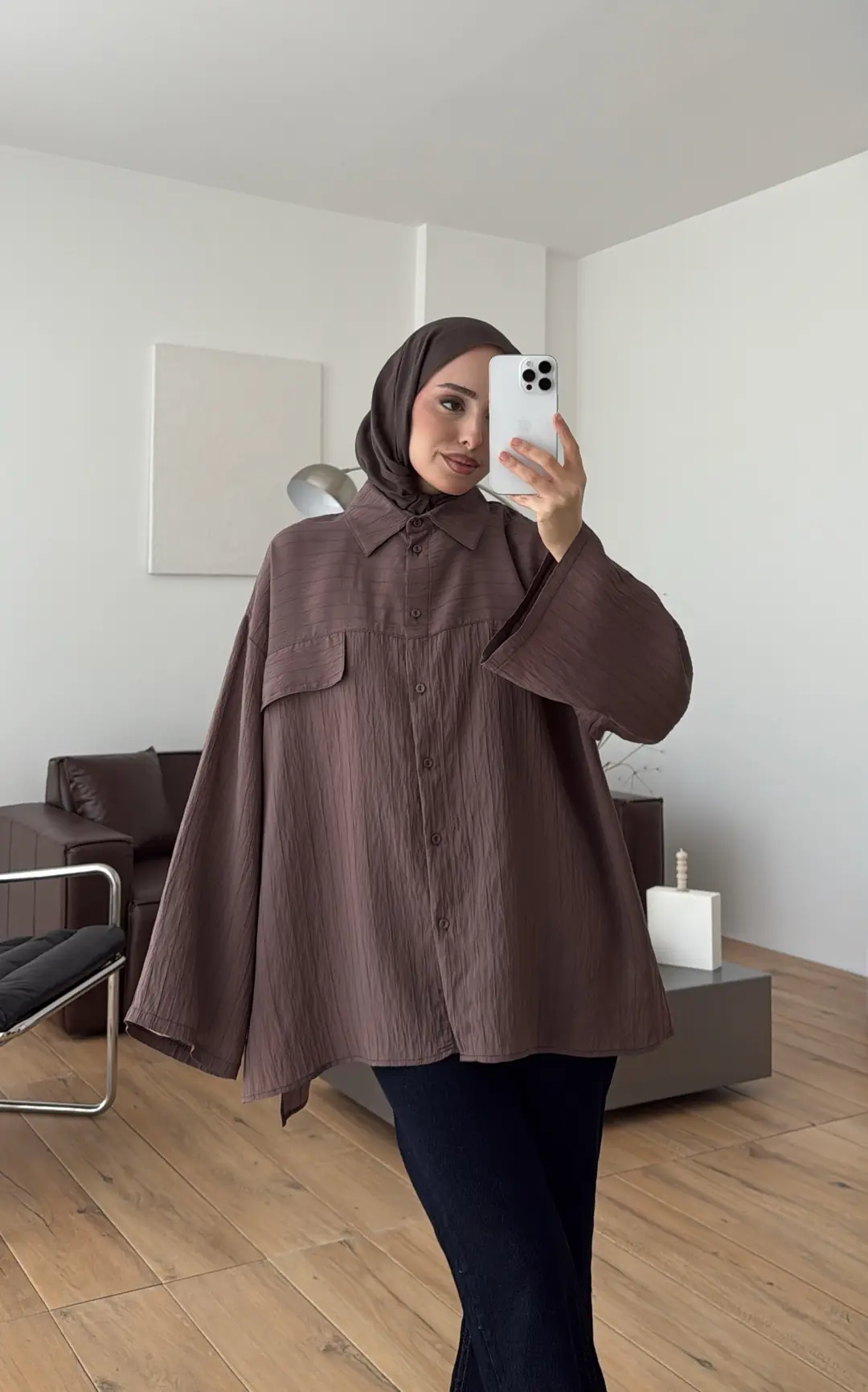 Krep Bağlamalı Dökümlü Gömlek Kahve