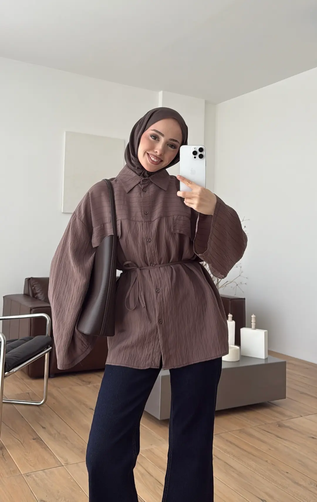 Krep Bağlamalı Dökümlü Gömlek Kahve