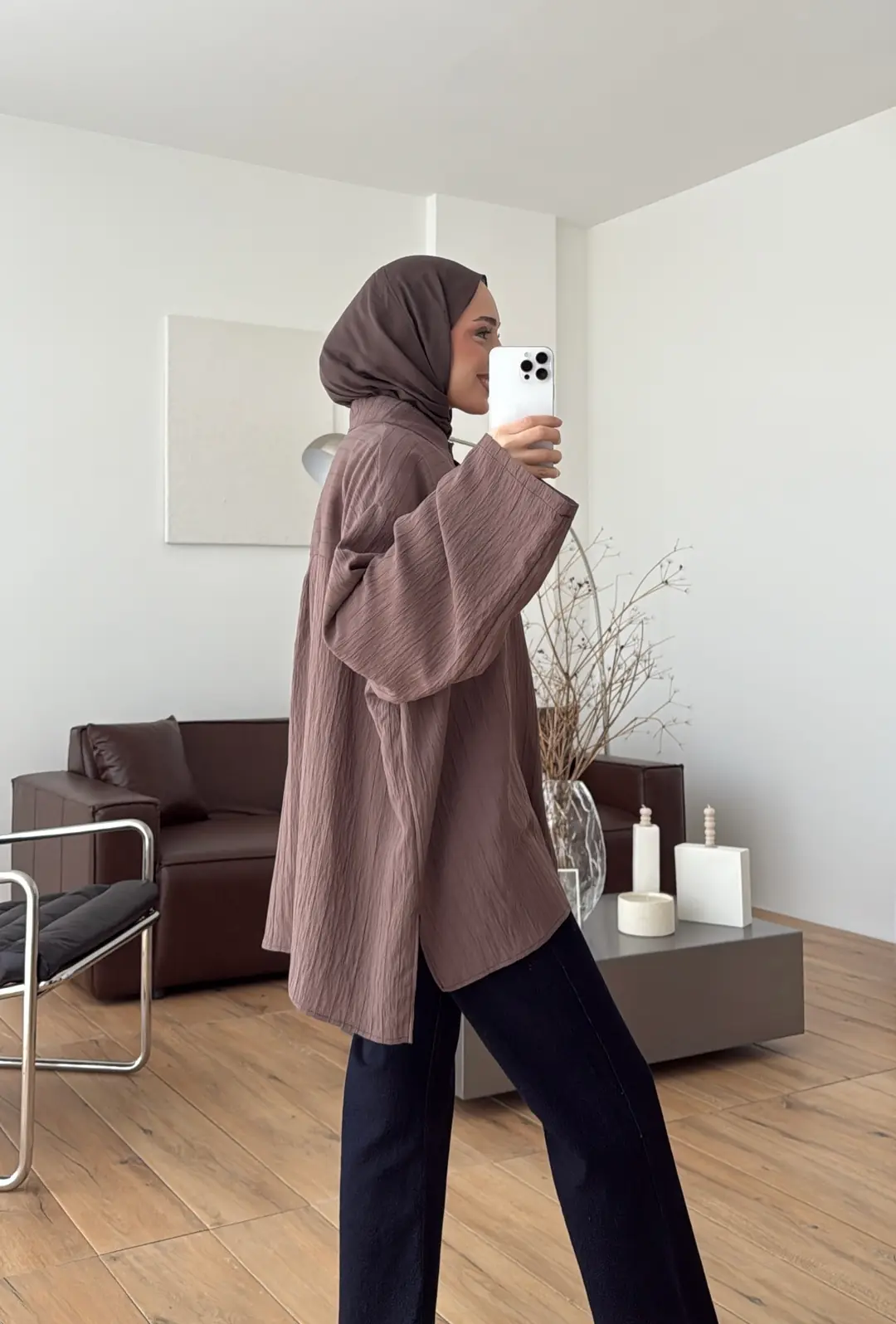 Krep Bağlamalı Dökümlü Gömlek Kahve