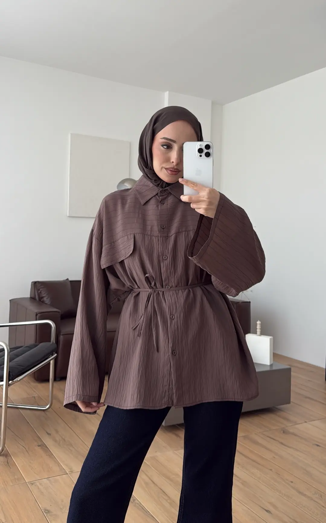 Krep Bağlamalı Dökümlü Gömlek Kahve