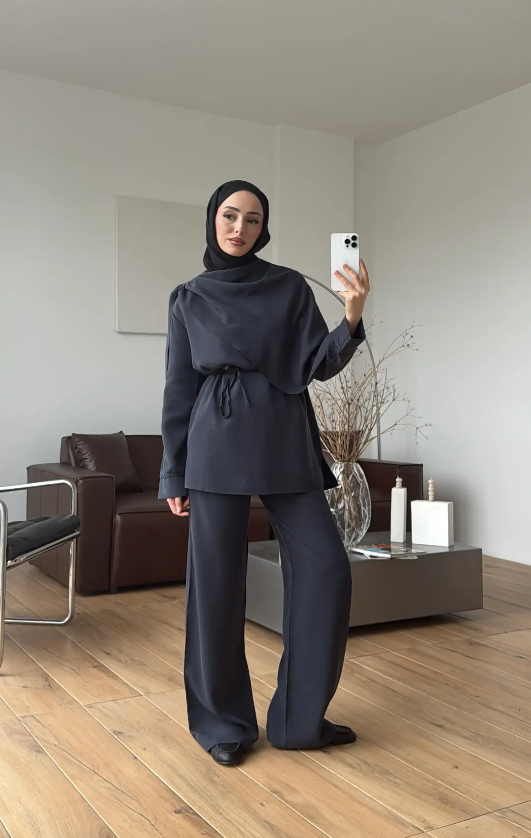 Drape Yaka Bluz Takım Petrol