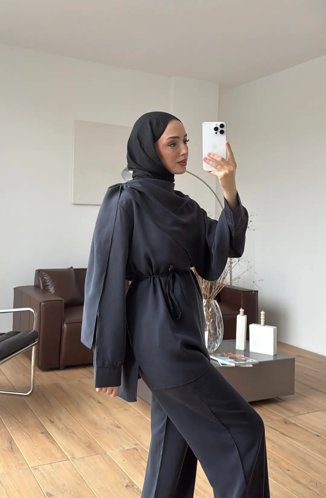 Drape Yaka Bluz Takım Petrol