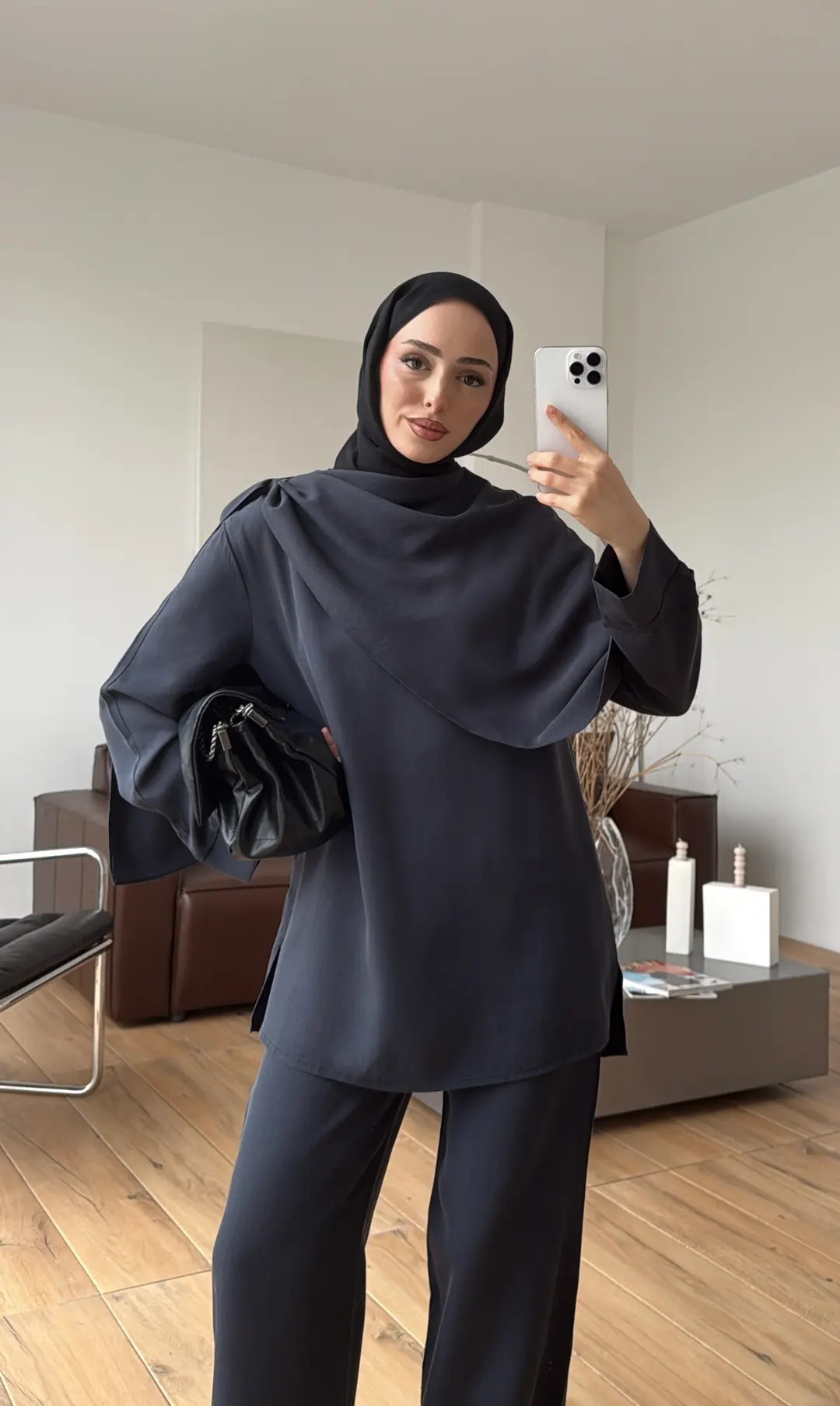 Drape Yaka Bluz Takım Petrol
