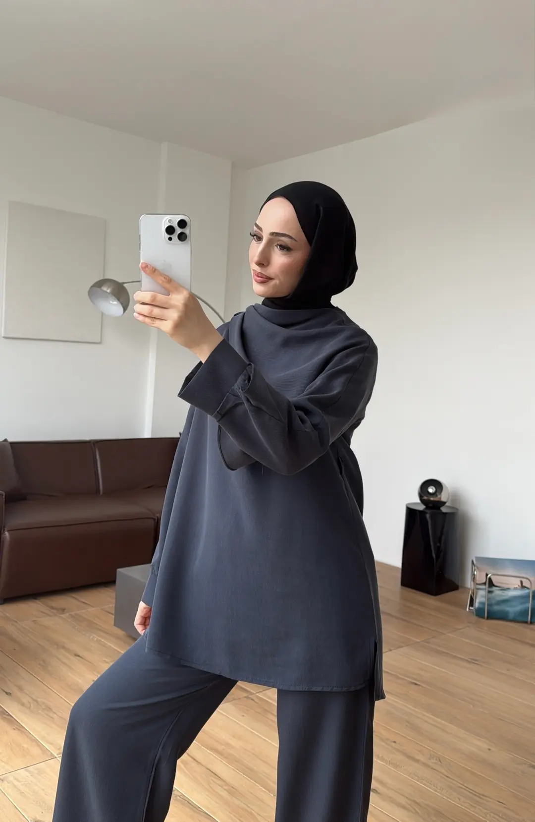 Drape Yaka Bluz Takım Petrol