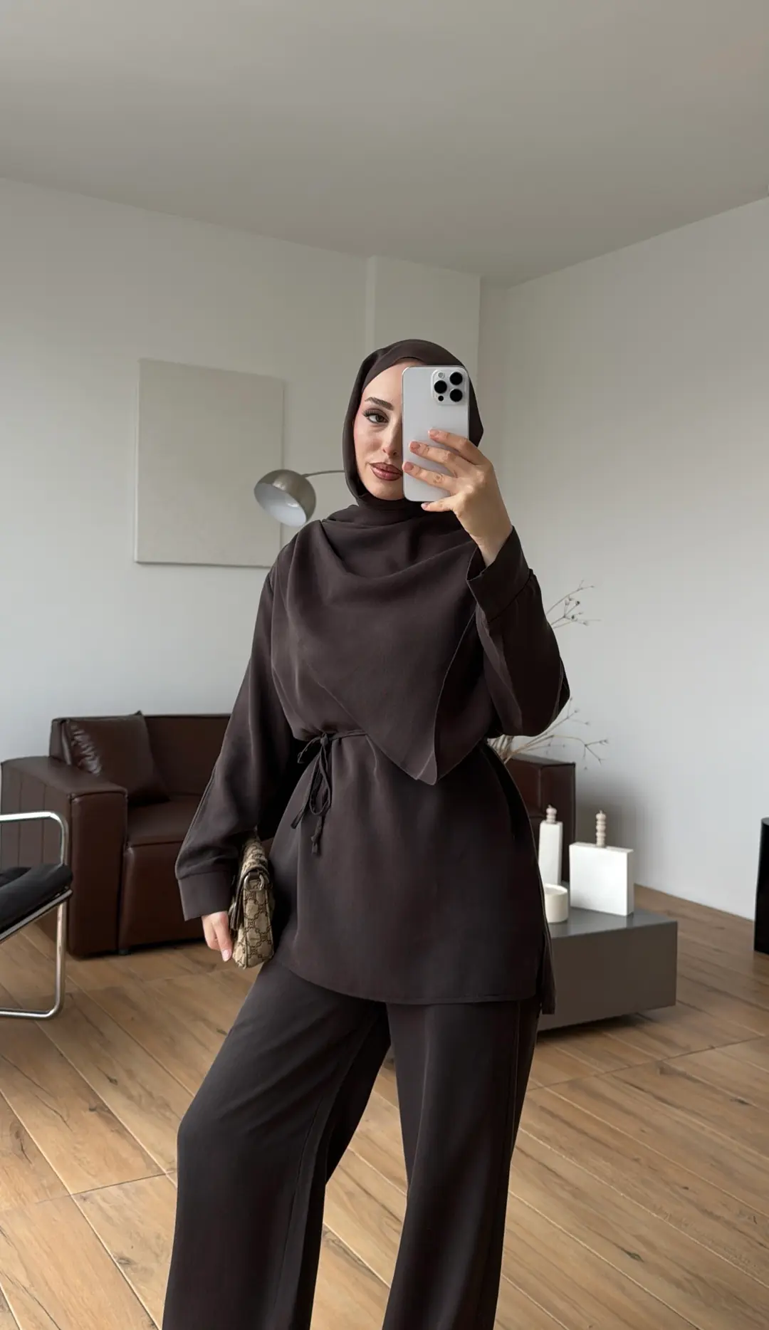 Drape Yaka Bluz Takım Kahve