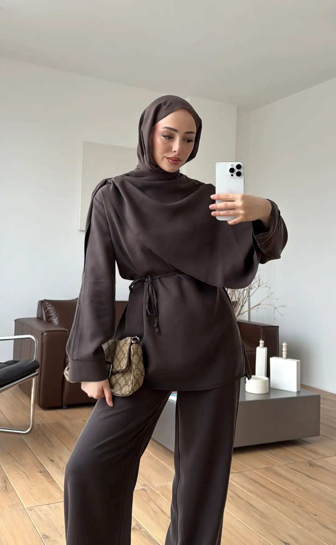 Drape Yaka Bluz Takım Kahve