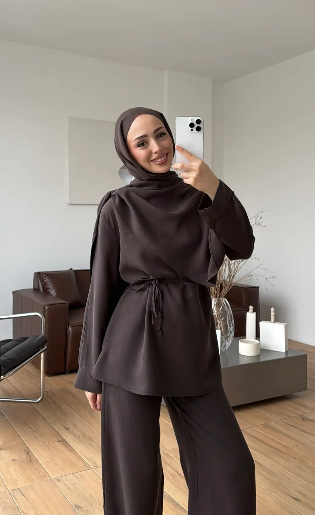 Drape Yaka Bluz Takım Kahve