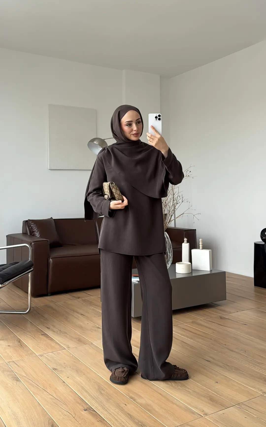 Drape Yaka Bluz Takım Kahve