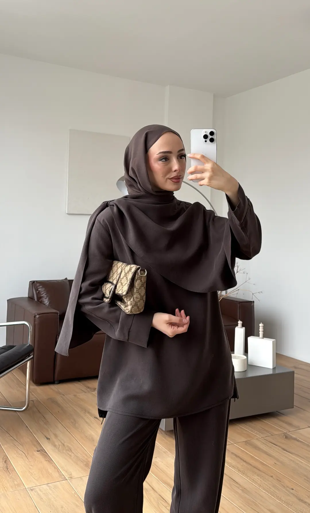 Drape Yaka Bluz Takım Kahve