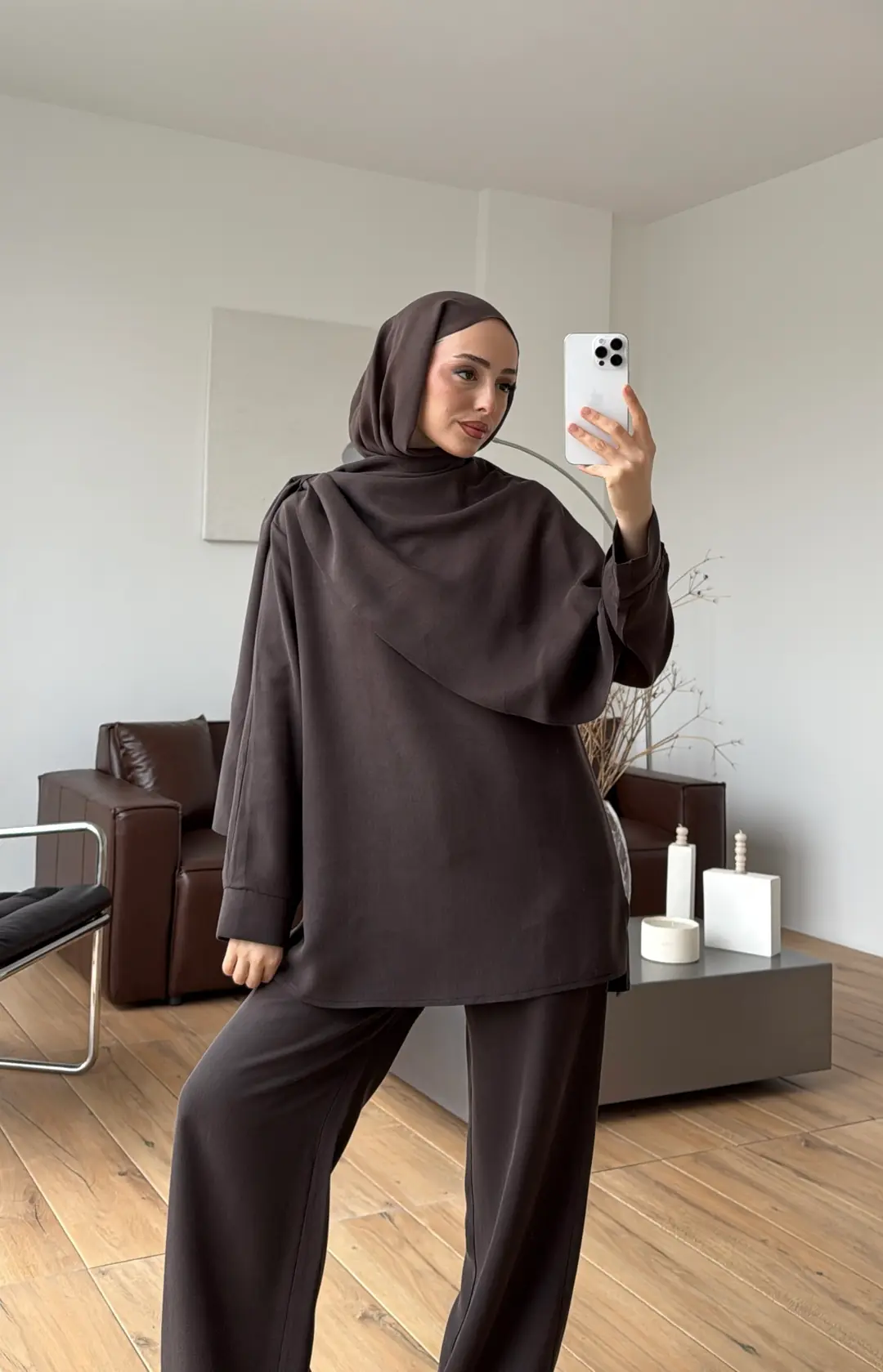 Drape Yaka Bluz Takım Kahve