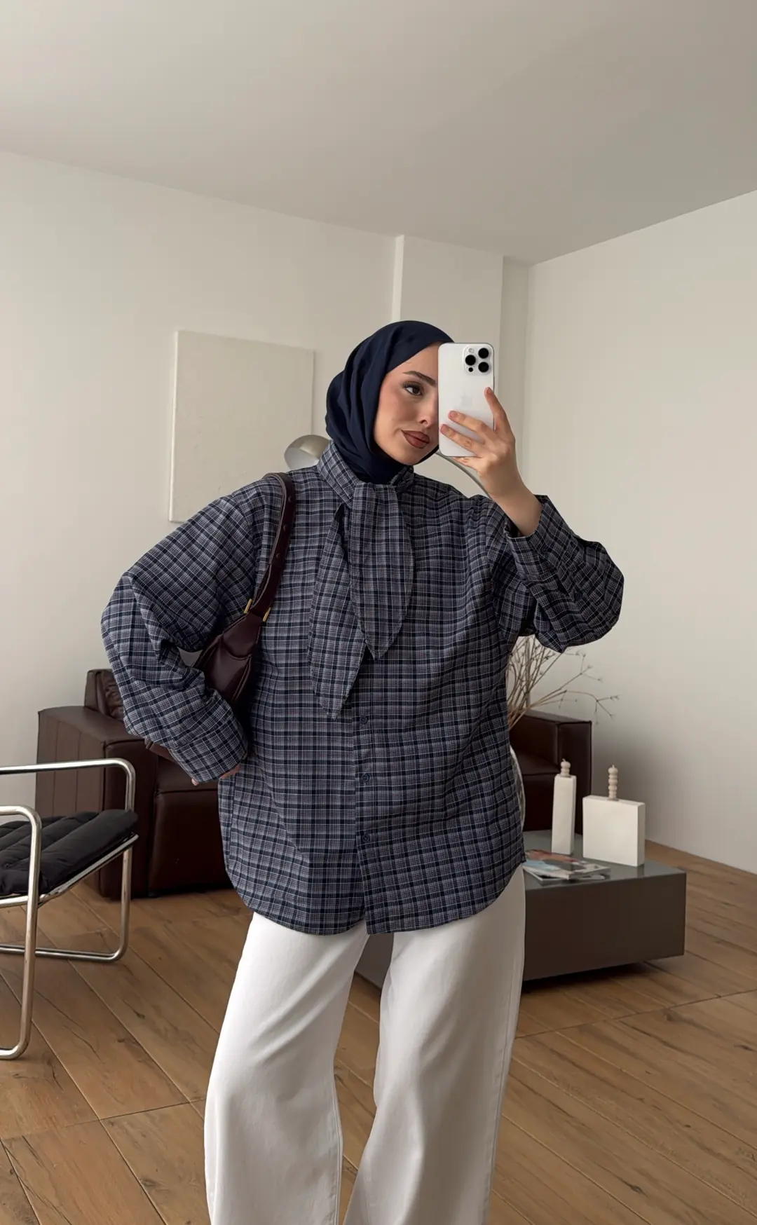 Fular Detay Ekose Gömlek Lacivert/Pembe