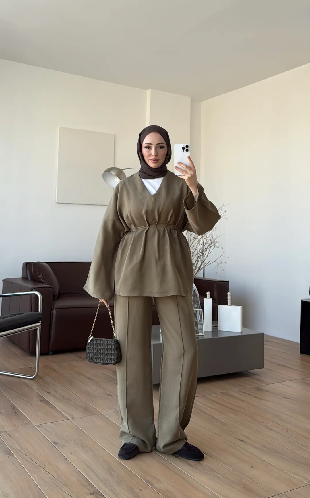 V Yaka Pantolon Takım Olive