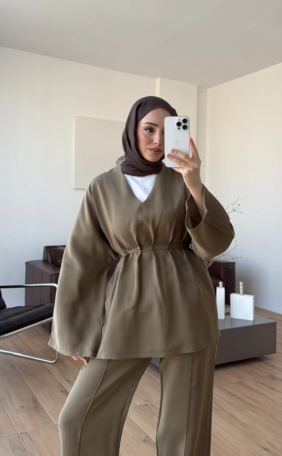 V Yaka Pantolon Takım Olive