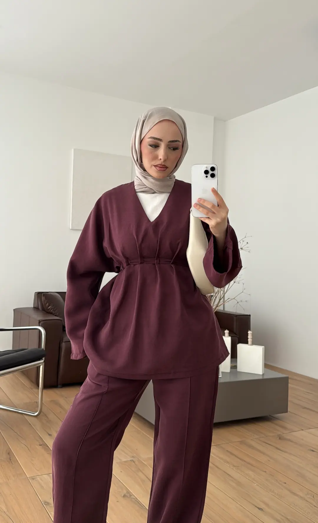 V yaka Pantolon Takım Bordo