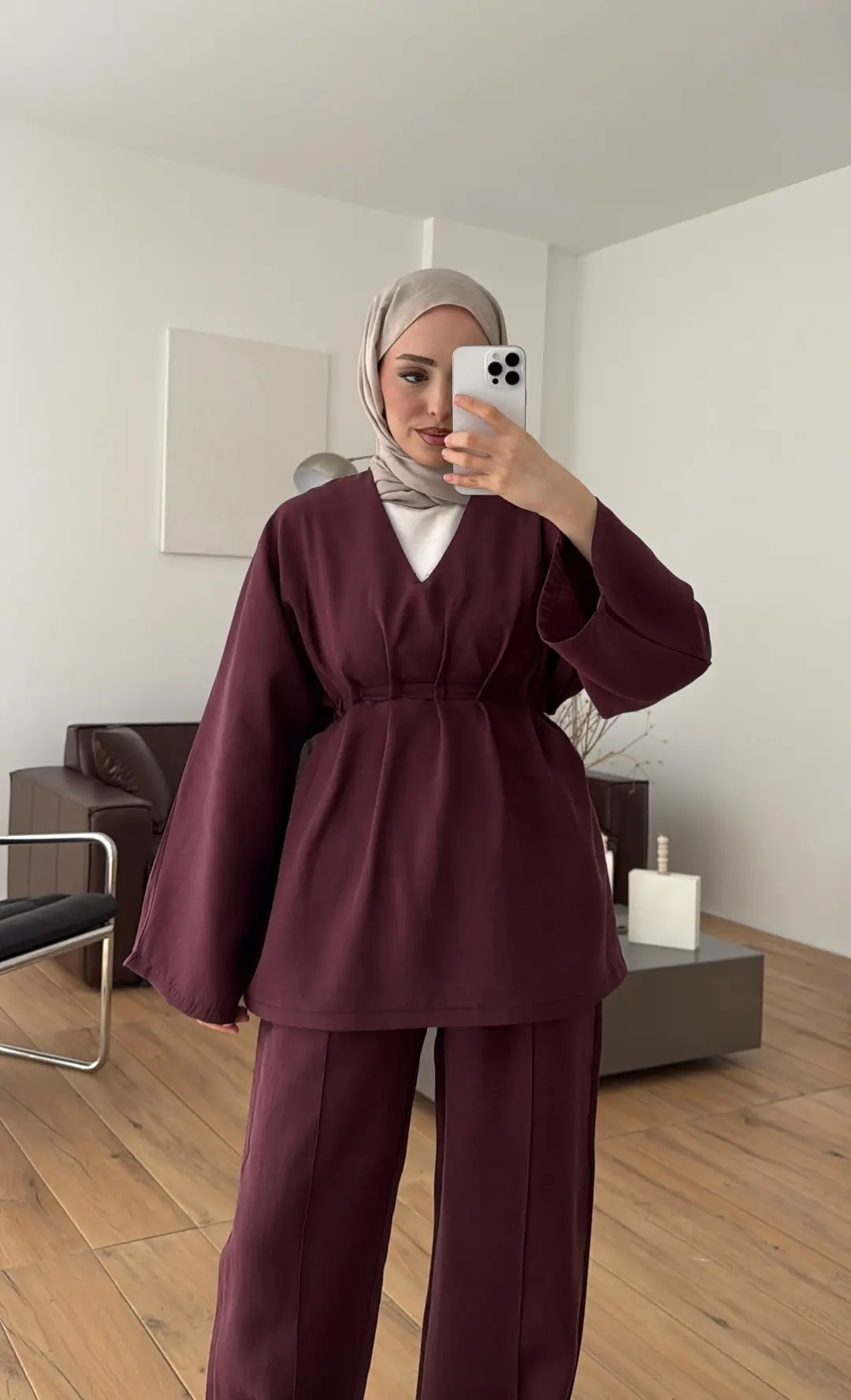 V yaka Pantolon Takım Bordo
