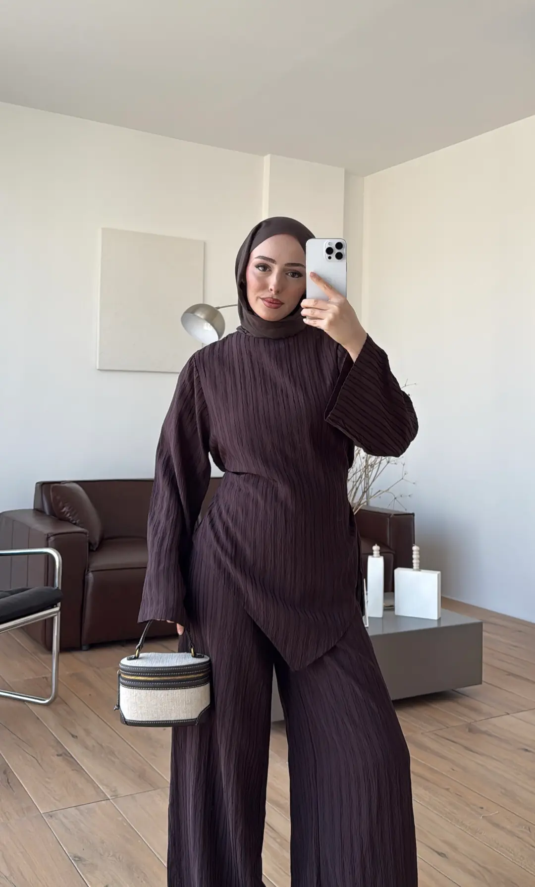 Çizgili Tunikli Takım Kahve