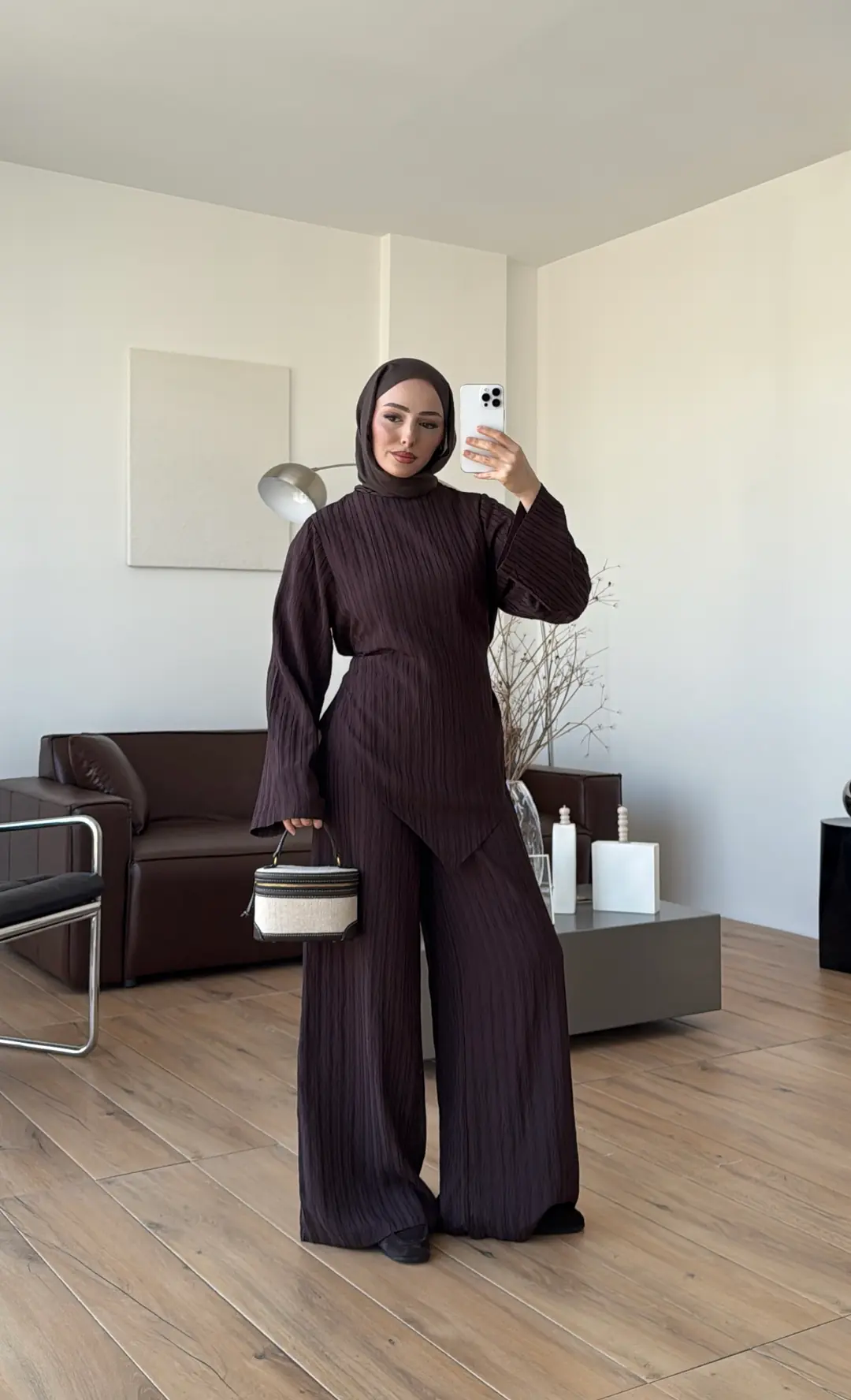 Çizgili Tunikli Takım Kahve