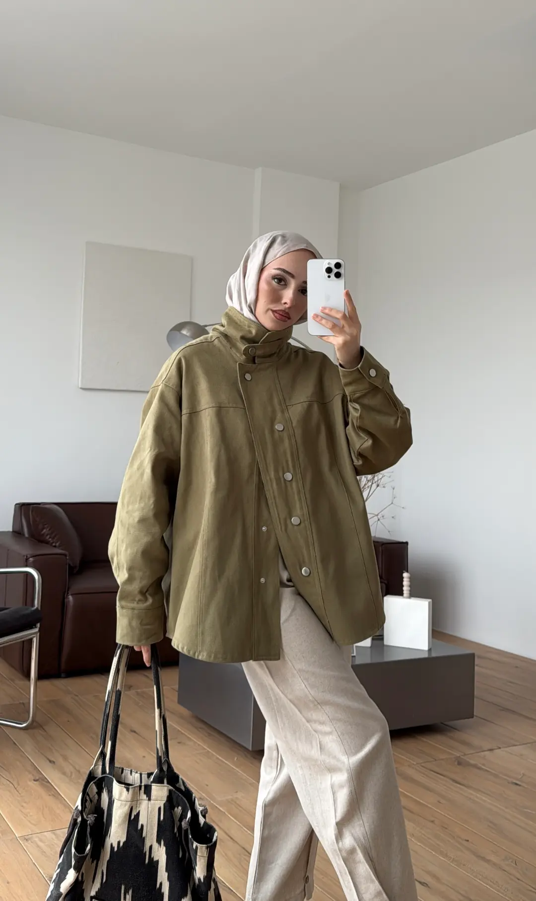 Dik Yaka Çıtçıtlı Gabardin Ceket Açık Yeşil