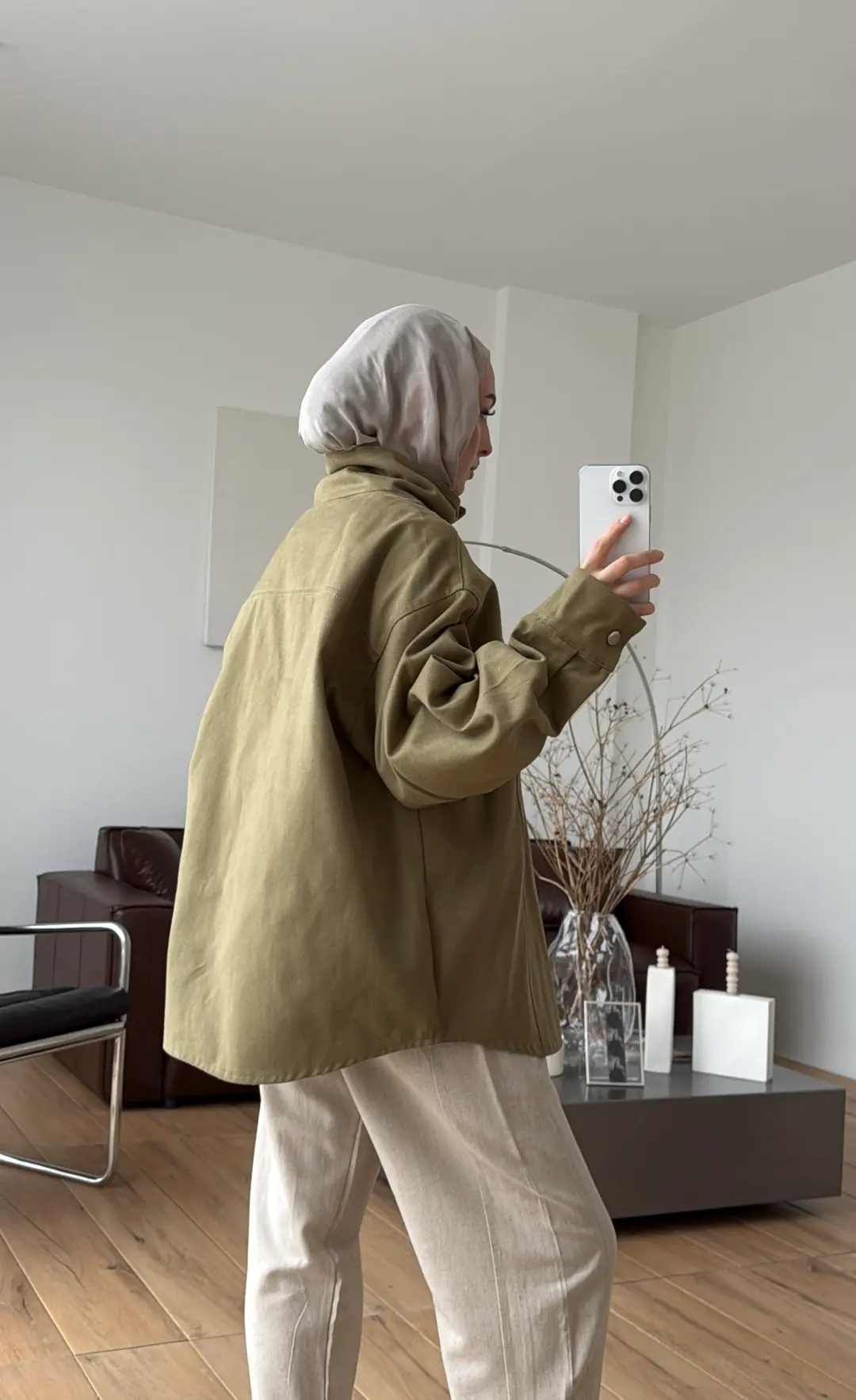 Dik Yaka Çıtçıtlı Gabardin Ceket Açık Yeşil