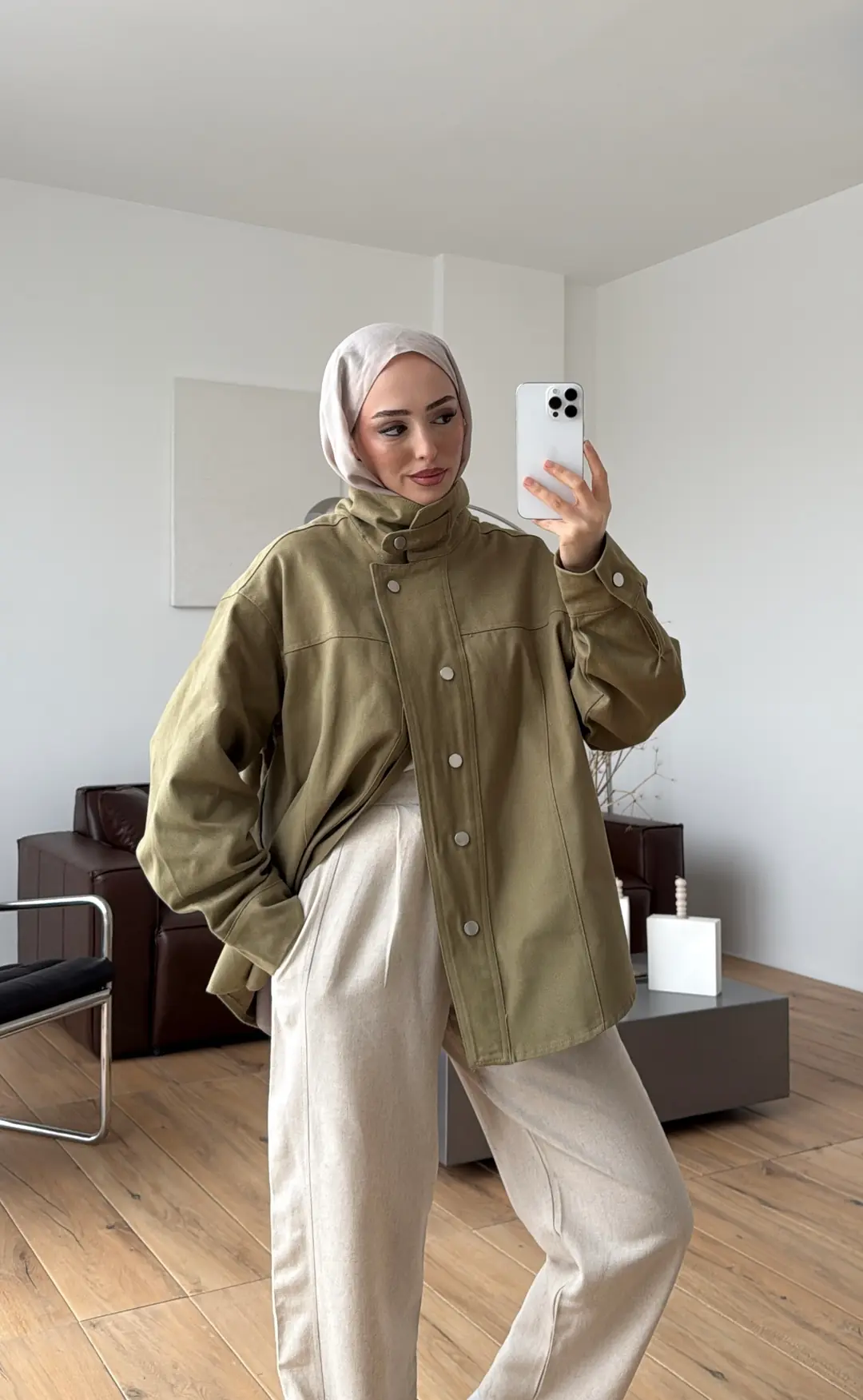 Dik Yaka Çıtçıtlı Gabardin Ceket Açık Yeşil