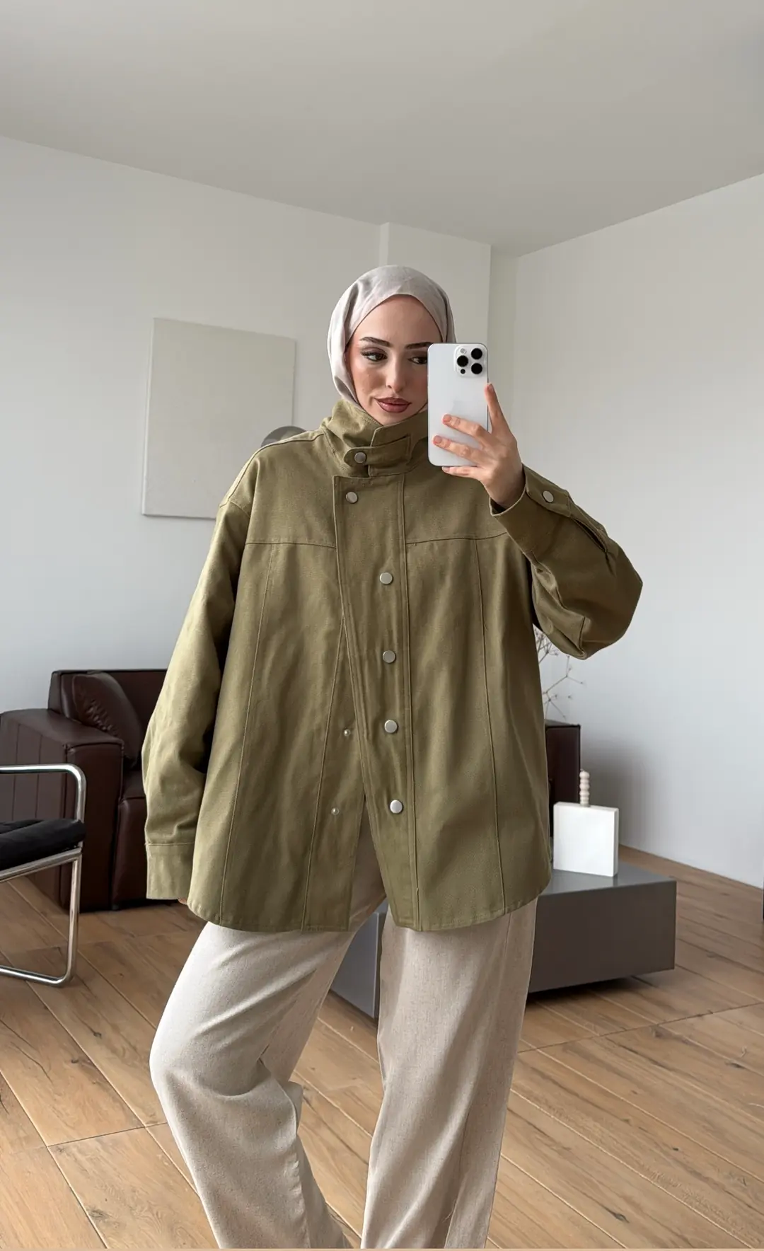 Dik Yaka Çıtçıtlı Gabardin Ceket Açık Yeşil