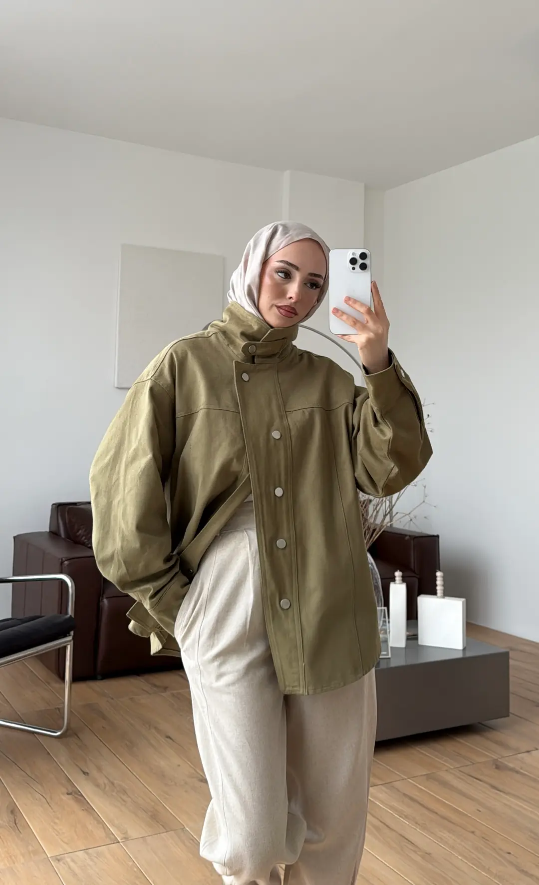 Dik Yaka Çıtçıtlı Gabardin Ceket Açık Yeşil