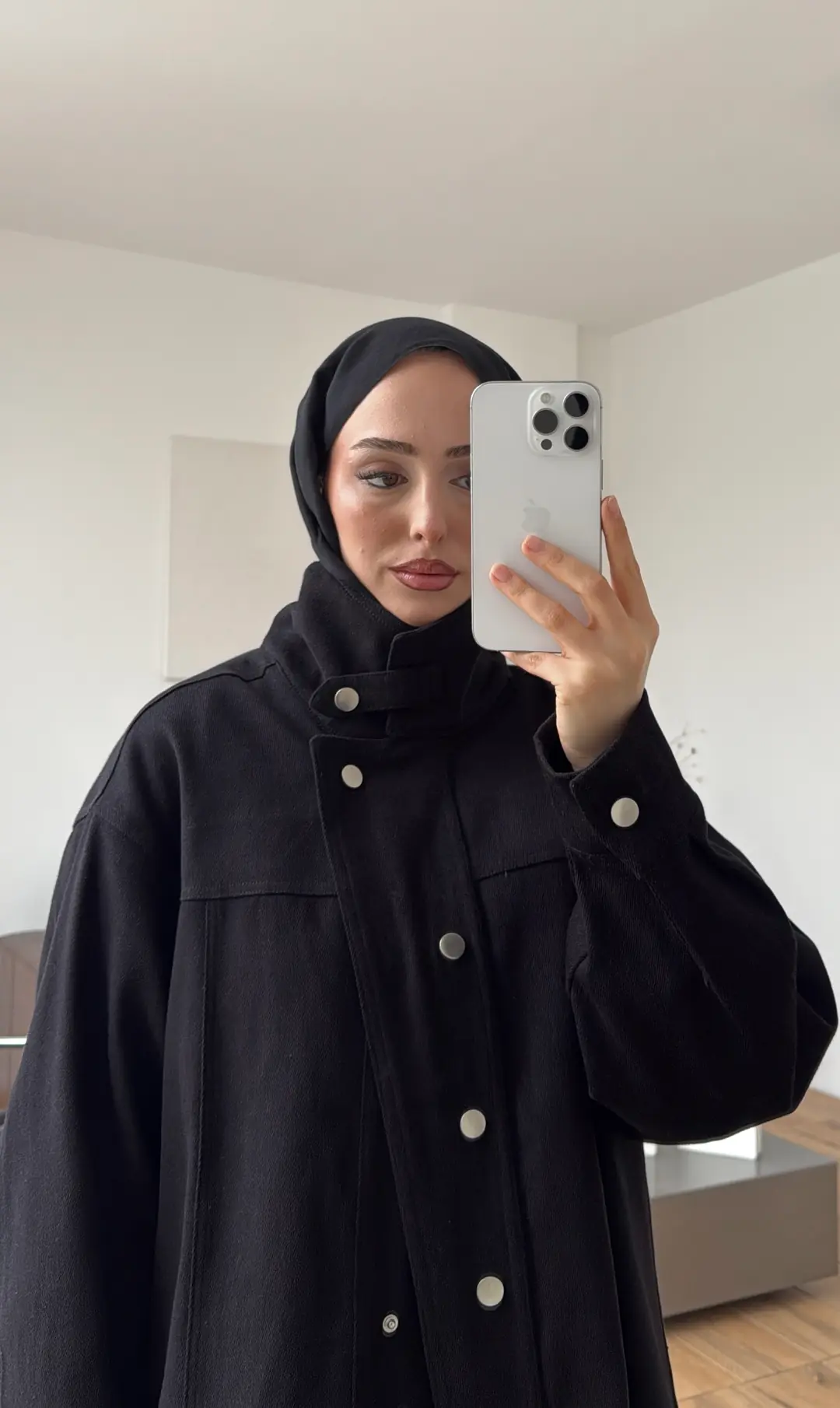 Dik Yaka Çıtçıtlı Gabardin Ceket Siyah