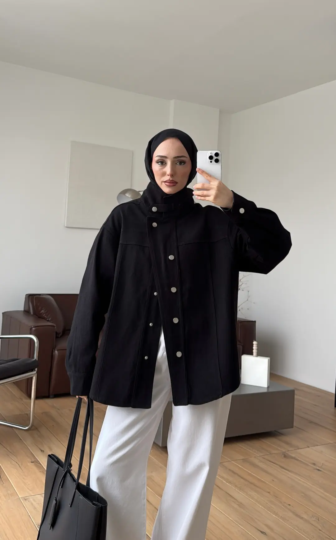 Dik Yaka Çıtçıtlı Gabardin Ceket Siyah