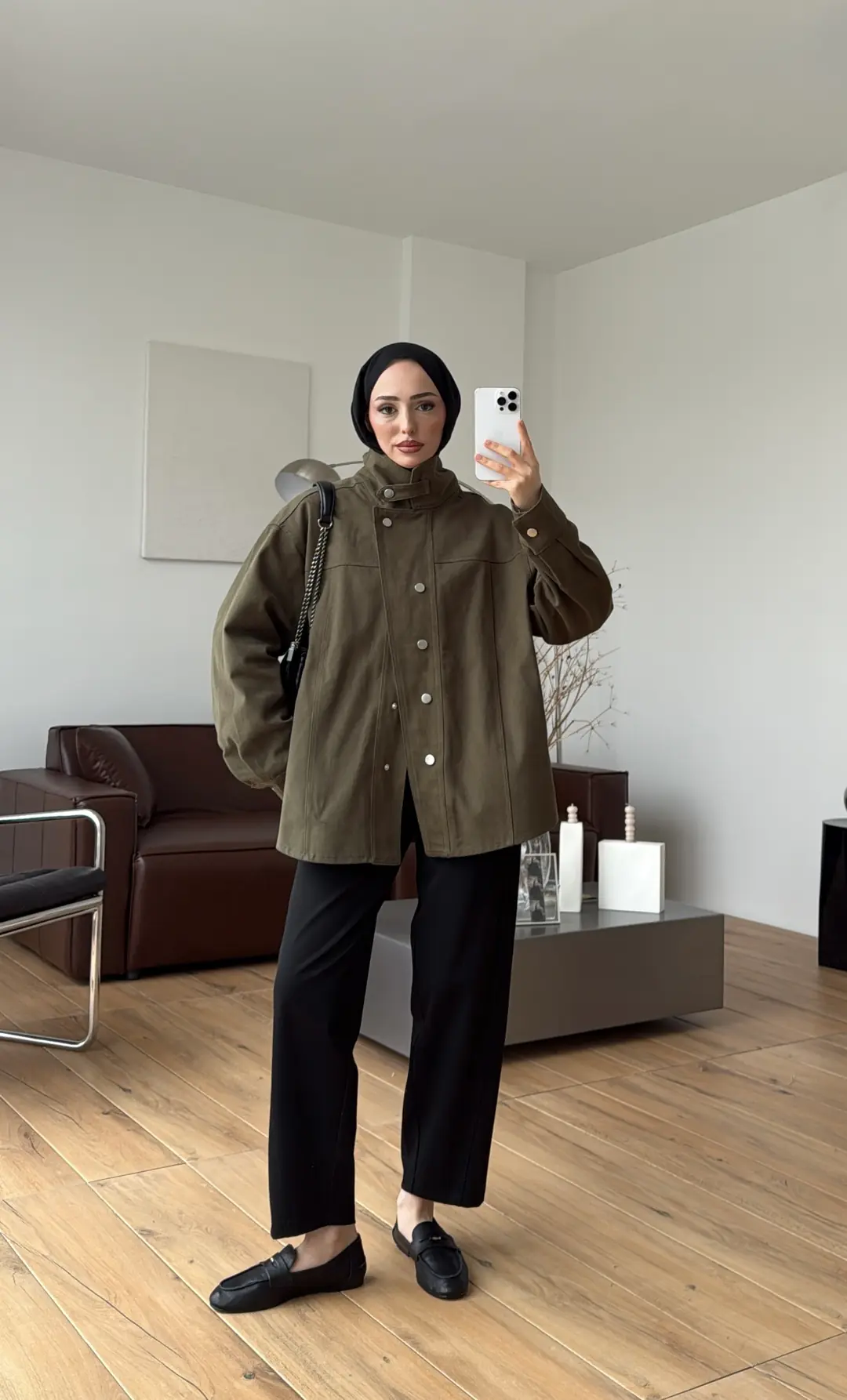 Dik Yaka Çıtçıtlı Gabardin Ceket Haki