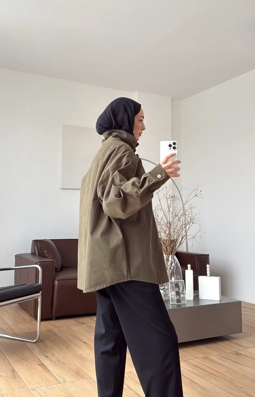 Dik Yaka Çıtçıtlı Gabardin Ceket Haki