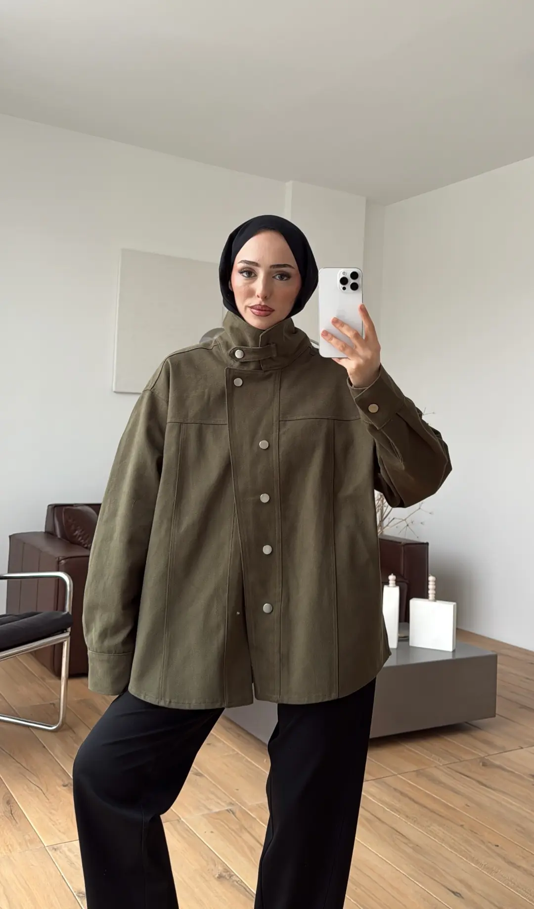 Dik Yaka Çıtçıtlı Gabardin Ceket Haki