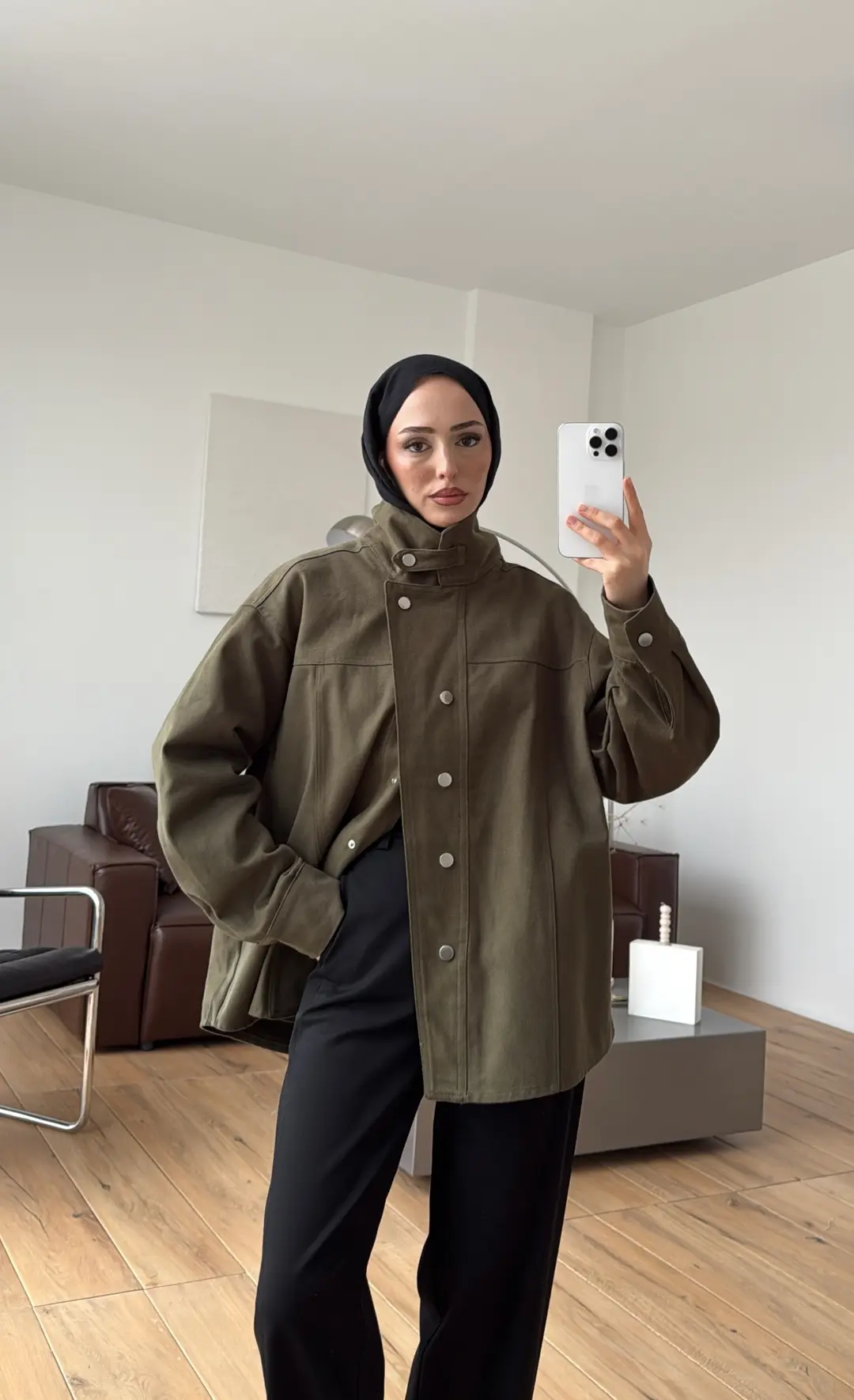 Dik Yaka Çıtçıtlı Gabardin Ceket Haki
