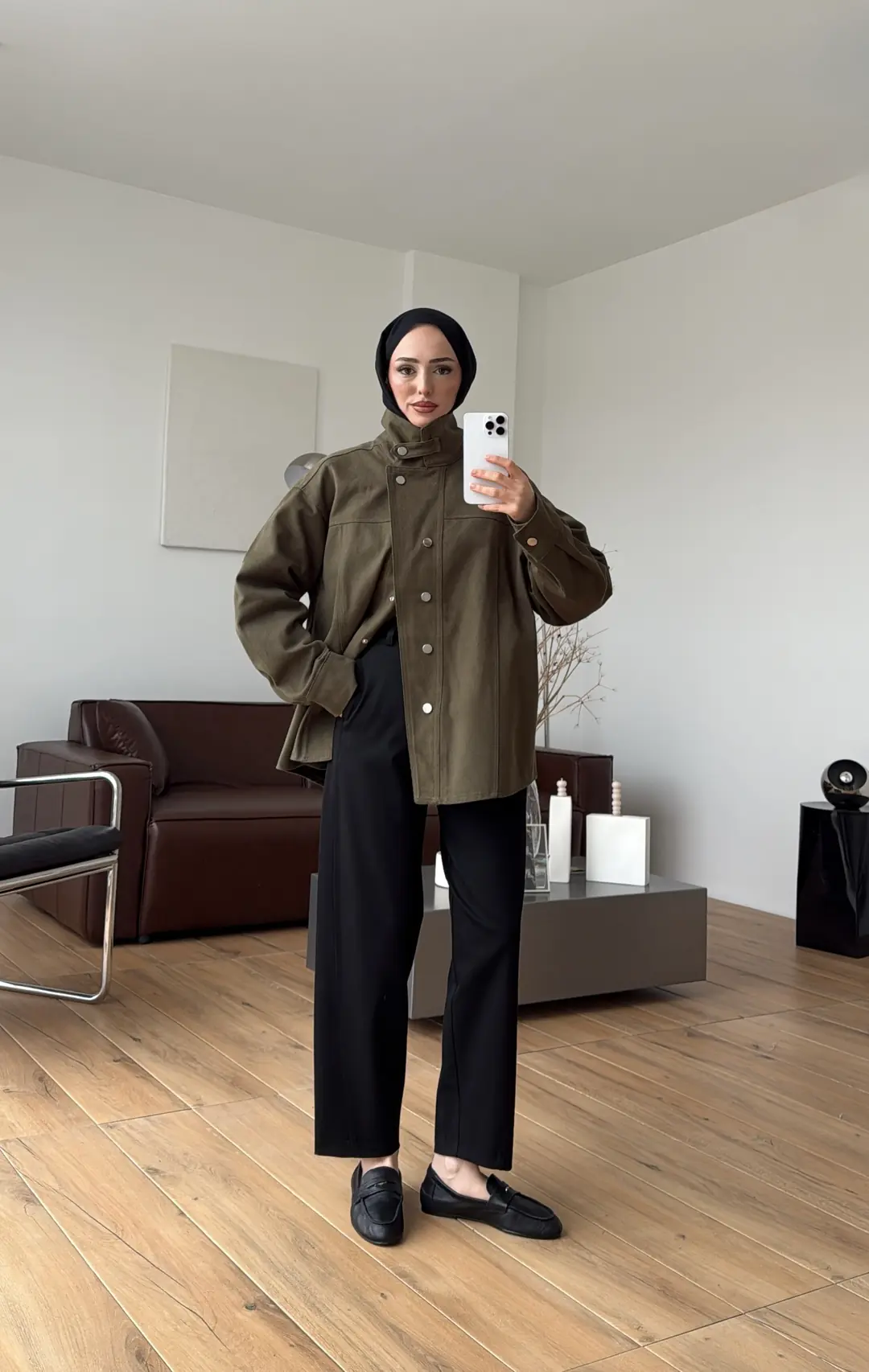 Dik Yaka Çıtçıtlı Gabardin Ceket Haki